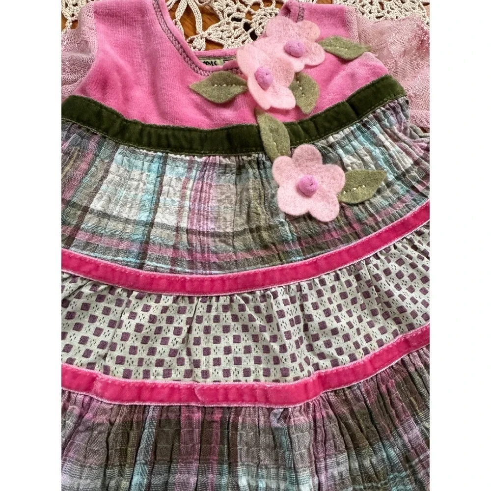 Little‎ Mass Dress Plaid Floral Applique Long Sleeve Pink Velvet 6M